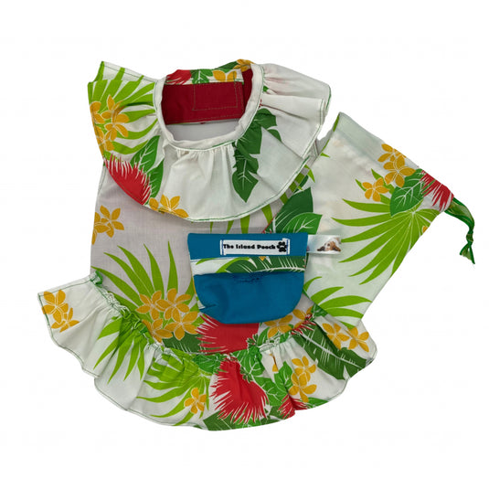 The Island Pooch Floral Print Mu'umu'u Dress for Dogs full view with bag