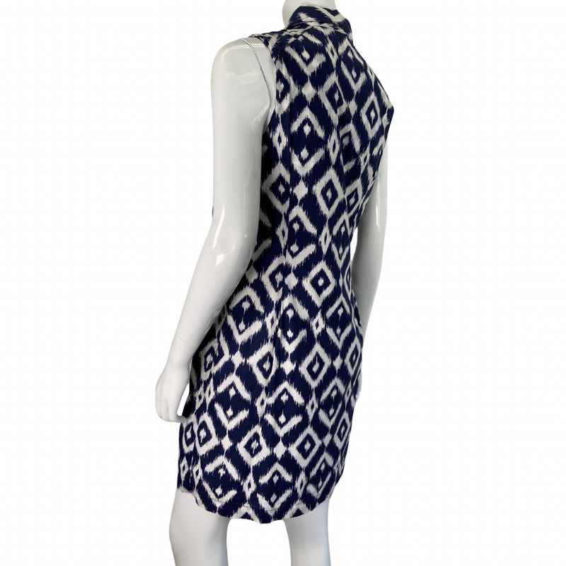 Load image into Gallery viewer, Tori Richard Blue &amp; White Button-Up Dress on mannequin side view
