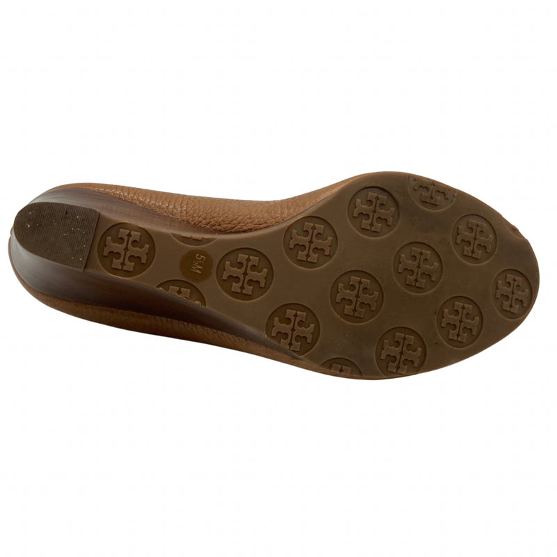 Load image into Gallery viewer, Tory Burch Brown Leather Peep Toe Wedges bottom view
