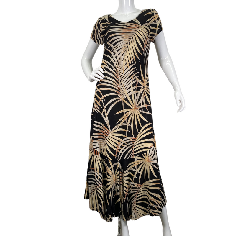 Load image into Gallery viewer, Nani Hawaii Black Botanical Dress is a long, flowing design with short sleeves and a scoop neckline - front view
