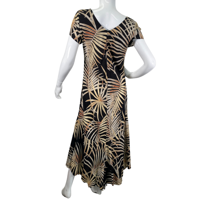 Load image into Gallery viewer, Nani Hawaii Black Botanical Dress is a long, flowing design with short sleeves and a scoop neckline - backside view
