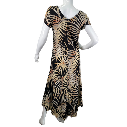 Nani Hawaii Black Botanical Dress is a long, flowing design with short sleeves and a scoop neckline - backside view