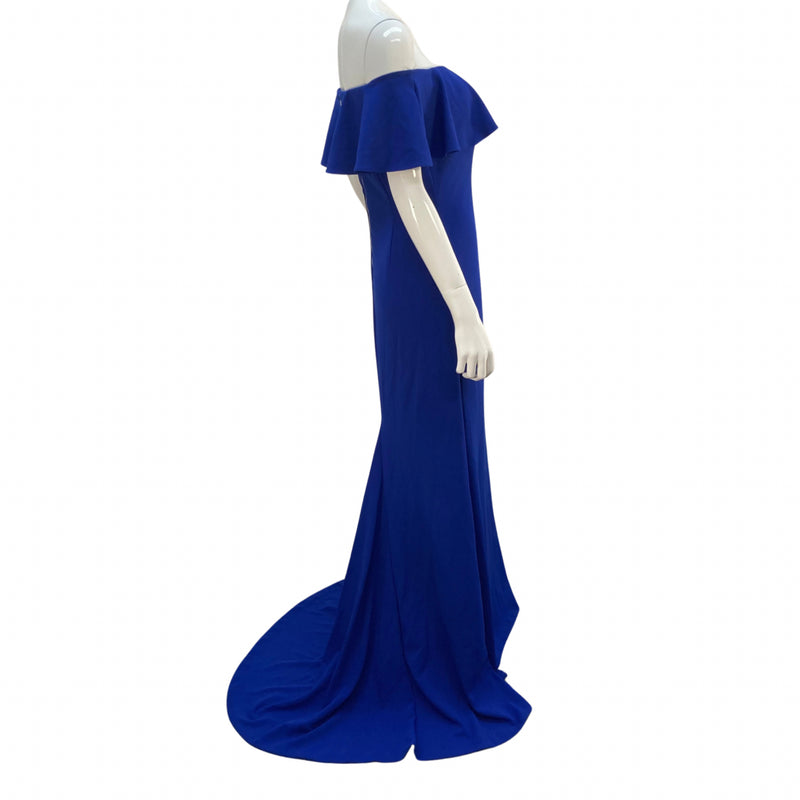 Load image into Gallery viewer, Side view Adrianna Papell royal blue gown with train, off the shoulder
