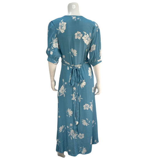 Marina & Company Blue and White Floral Wrap Dress on mannequin back view