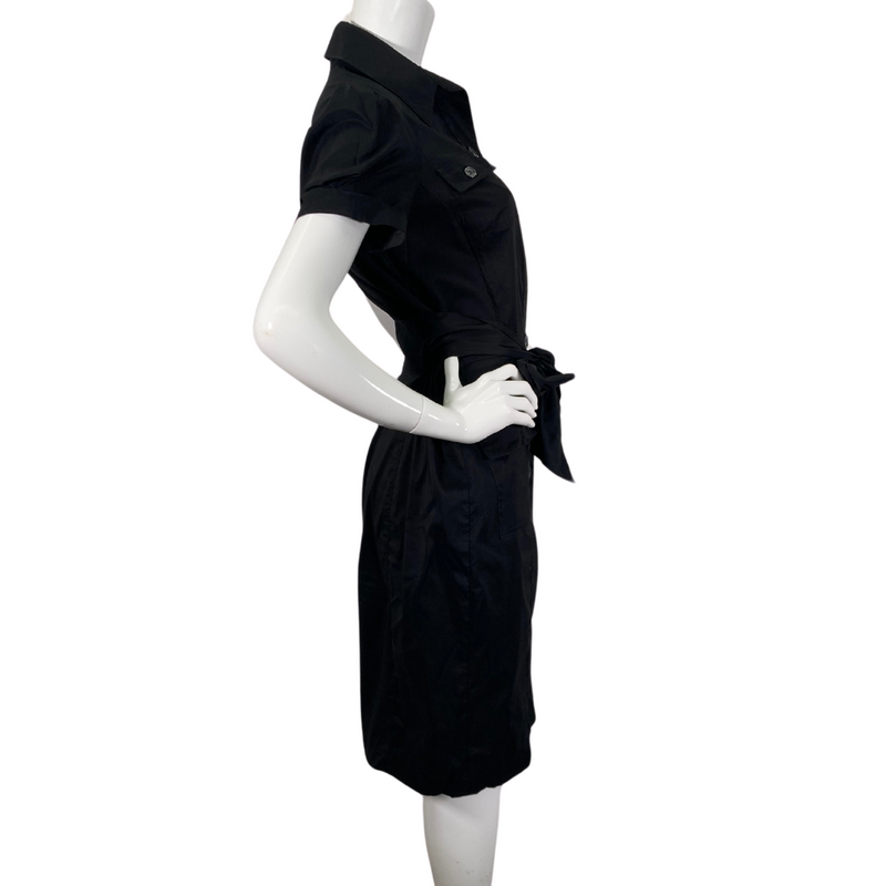 Load image into Gallery viewer, Diane Von Furstenberg Black Shirt Dress with short sleeves and a classic collared neckline - side view
