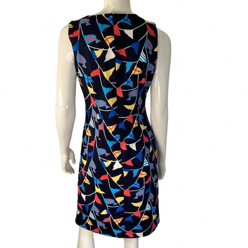 Load image into Gallery viewer, J. Mclaughlin Flag Print Stretchy Dress full back view on mannequin
