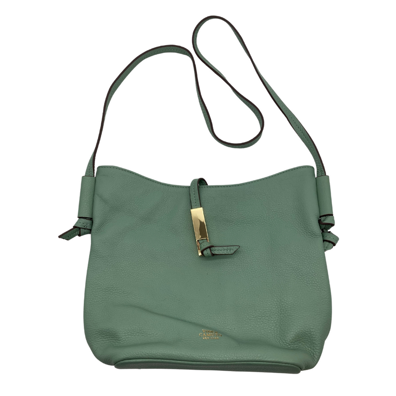 Load image into Gallery viewer, Vince Camuto Seafoam Green Shoulder Bag is a stylish, soft sage green leather handbag with a minimalist design. It features an adjustable shoulder strap, making it perfect for crossbody or shoulder wear - front view
