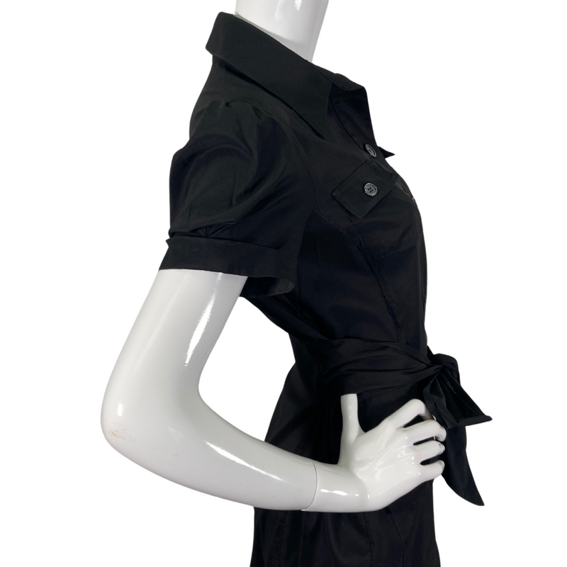 Load image into Gallery viewer, Diane Von Furstenberg Black Shirt Dress with short sleeves and a classic collared neckline - side view, close up 
