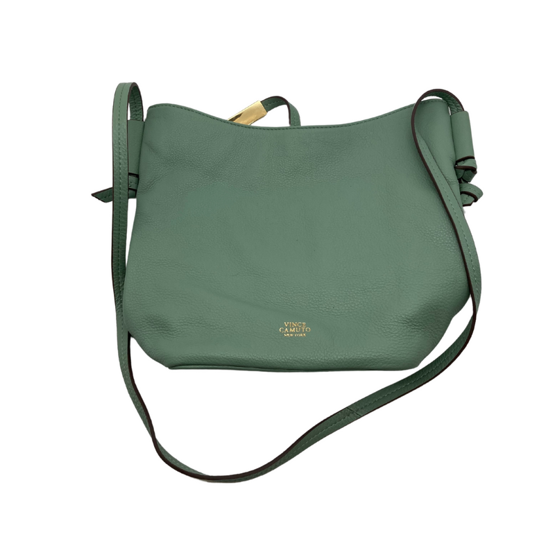 Load image into Gallery viewer, Vince Camuto Seafoam Green Shoulder Bag is a stylish, soft sage green leather handbag with a minimalist design. It features an adjustable shoulder strap, making it perfect for crossbody or shoulder wear - backside view
