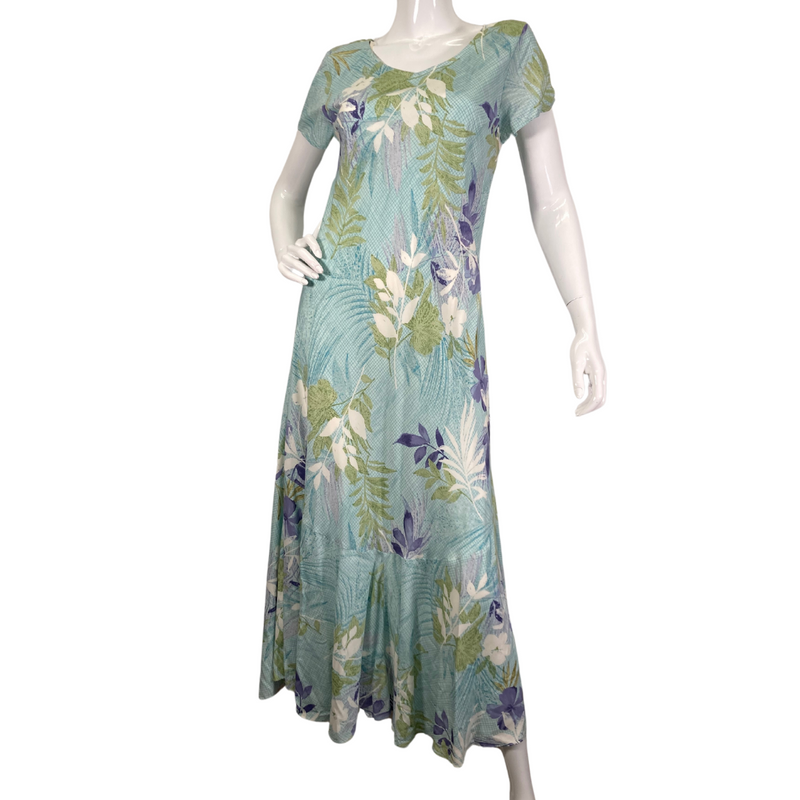 Load image into Gallery viewer, Nani Hawaii Light Blue Botanical Dress is a long, flowing style with short sleeves and a scoop neckline - front view
