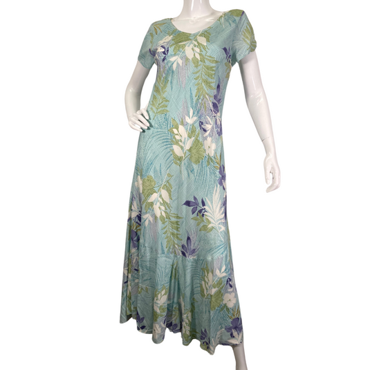 Nani Hawaii Light Blue Botanical Dress is a long, flowing style with short sleeves and a scoop neckline - front view