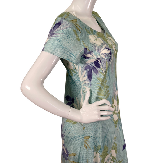 Nani Hawaii Light Blue Botanical Dress is a long, flowing style with short sleeves and a scoop neckline - close-up