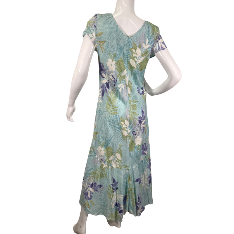 Load image into Gallery viewer, Nani Hawaii Light Blue Botanical Dress is a long, flowing style with short sleeves and a scoop neckline - backside view
