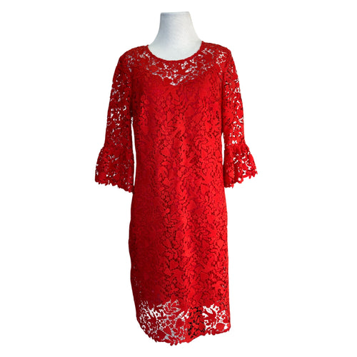 Boden Red Lace Dress on mannequin front view