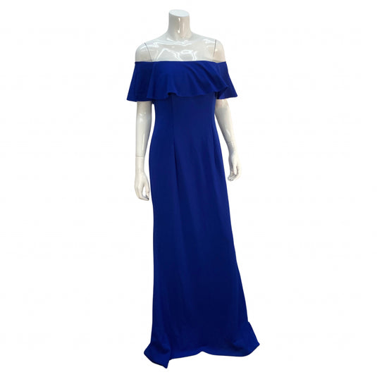 Front view Adrianna Papell royal blue gown with train, off the shoulder
