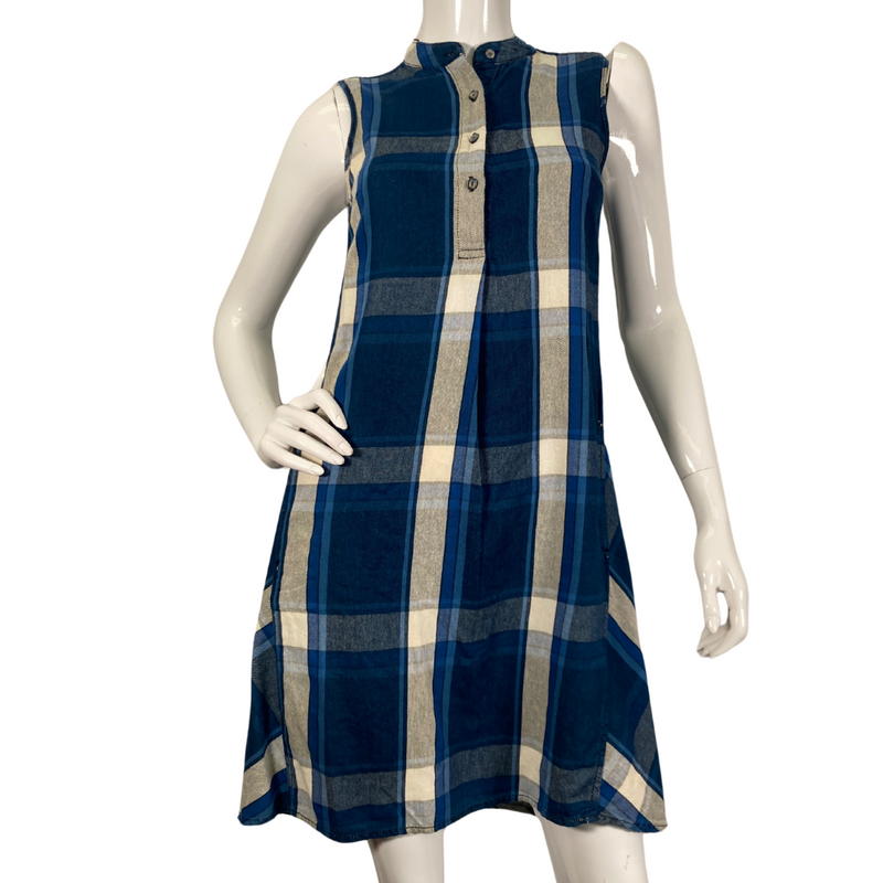 Load image into Gallery viewer, Max Studio Blue Flannel Plaid Shirt is a sleeveless plaid dress featuring a blue, beige, and white color scheme - front view
