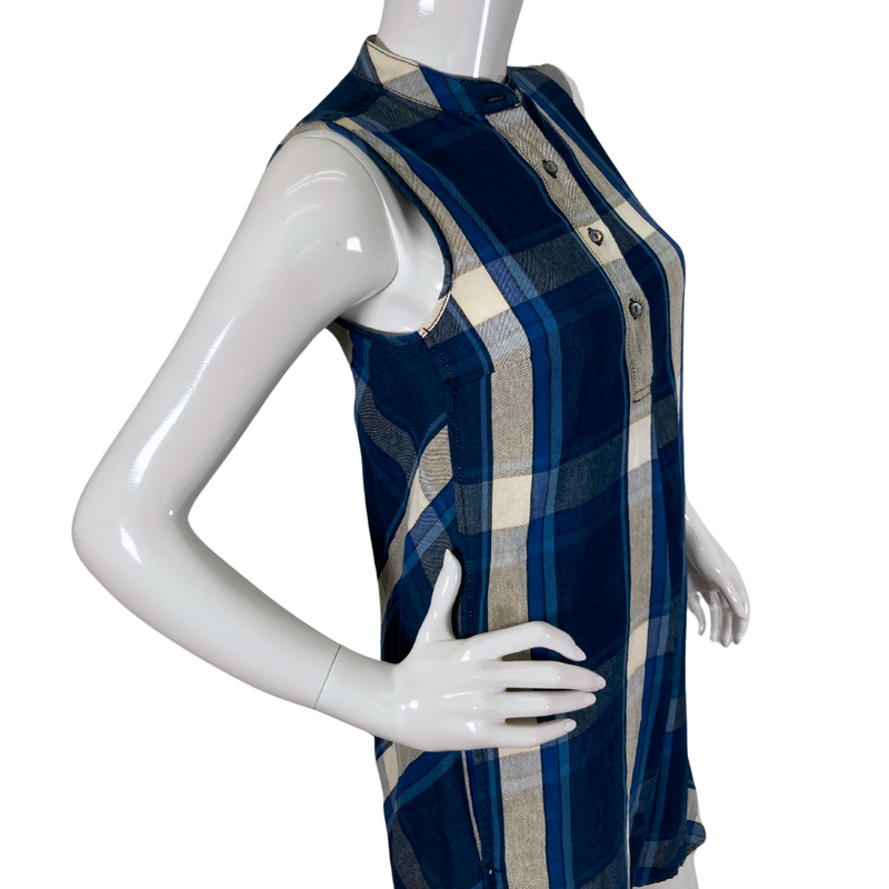 Load image into Gallery viewer, Max Studio Blue Flannel Plaid Shirt is a sleeveless plaid dress featuring a blue, beige, and white color scheme - close up view
