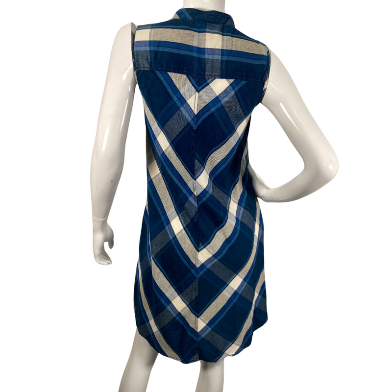 Load image into Gallery viewer, Max Studio Blue Flannel Plaid Shirt is a sleeveless plaid dress featuring a blue, beige, and white color scheme - backside view
