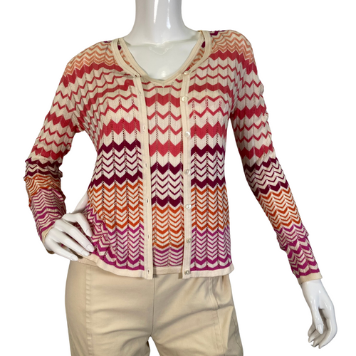 Neiman Marcus Exclusive Silk Tank Top and Sweater is a lightweight women’s cardigan featuring a vibrant zigzag pattern in shades of red, orange, and cream - front view