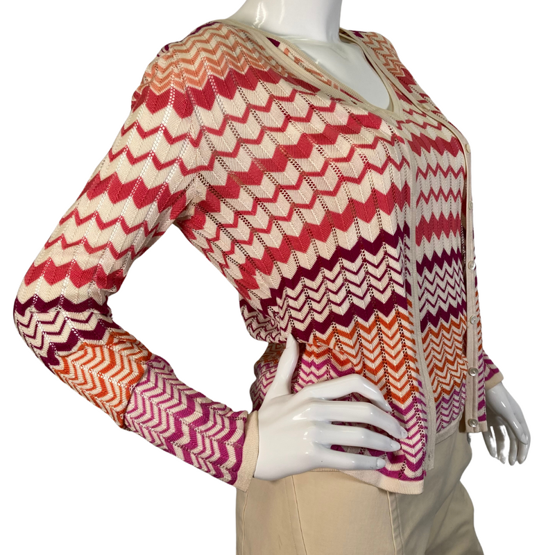 Load image into Gallery viewer, Neiman Marcus Exclusive Silk Tank Top and Sweater is a lightweight women’s cardigan featuring a vibrant zigzag pattern in shades of red, orange, and cream - side view
