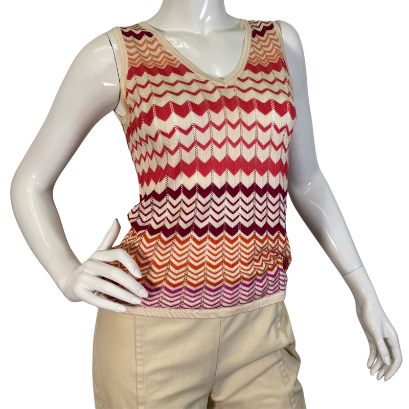 Load image into Gallery viewer, Neiman Marcus Exclusive Silk Tank Top and Sweater is a lightweight women’s cardigan featuring a vibrant zigzag pattern in shades of red, orange, and cream - vest only front view
