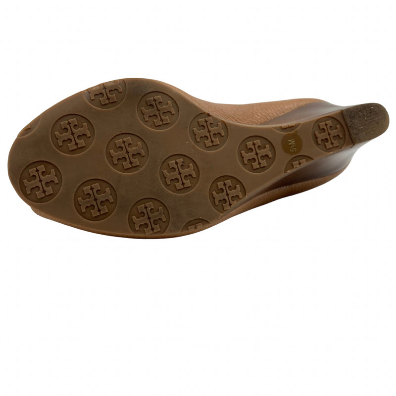 Load image into Gallery viewer, Tory Burch Brown Leather Peep Toe Wedges bottom view
