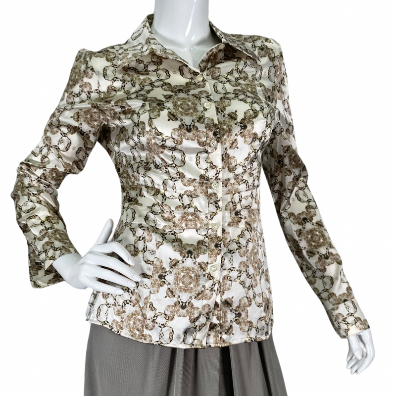 Load image into Gallery viewer, Cache Silk and elegant blouse with Abstract Pattern and long sleeves front view
