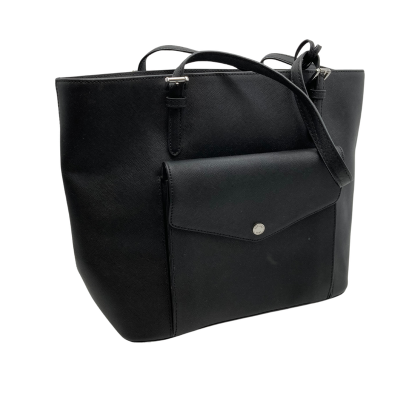 Load image into Gallery viewer, Michael Kors Black Leather Tote Bag is featuring a sleek, minimalist design. It is crafted from smooth black leather, offering a timeless and versatile look. - front view
