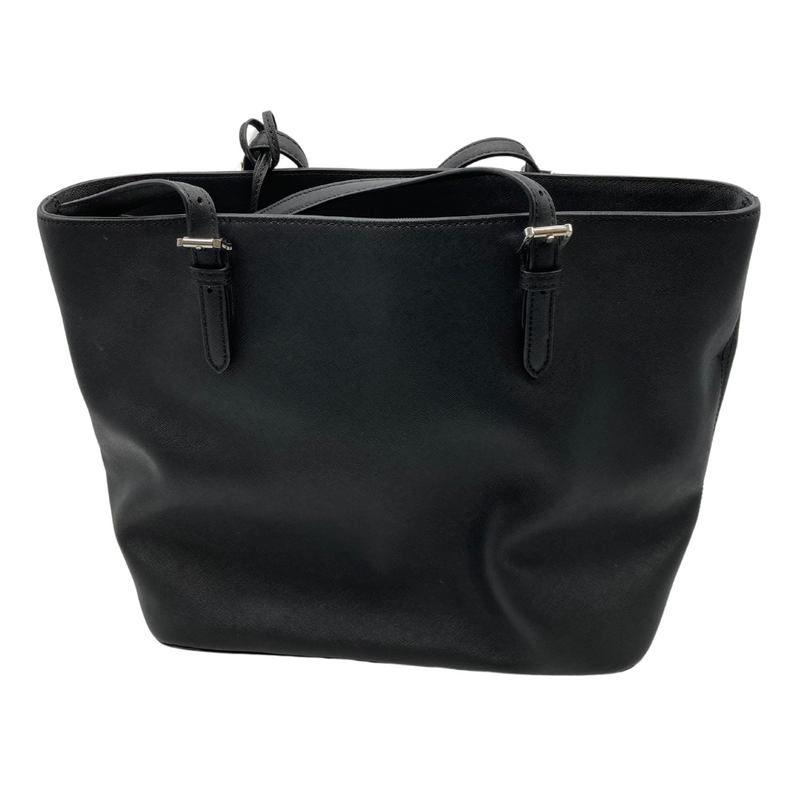 Load image into Gallery viewer, Michael Kors Black Leather Tote Bag is featuring a sleek, minimalist design. It is crafted from smooth black leather, offering a timeless and versatile look - backside view
