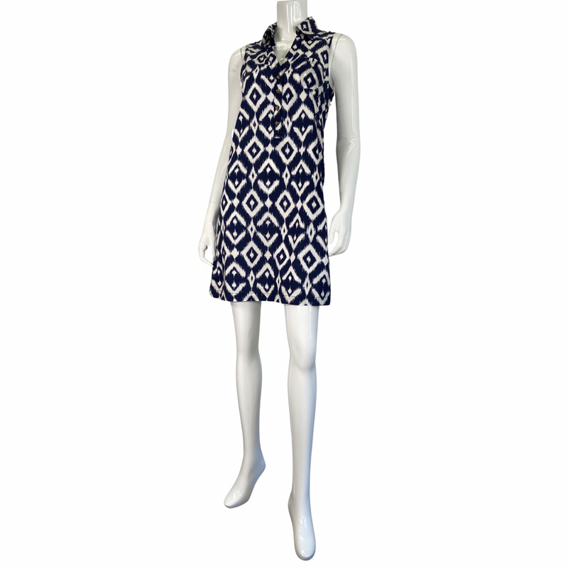 Load image into Gallery viewer, Tori Richard Blue &amp; White Button-Up Dress on mannequin front view
