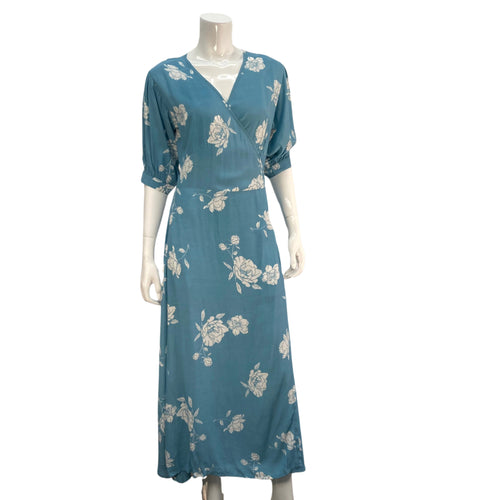 Marina & Company Blue and White Floral Wrap Dress on mannequin front view