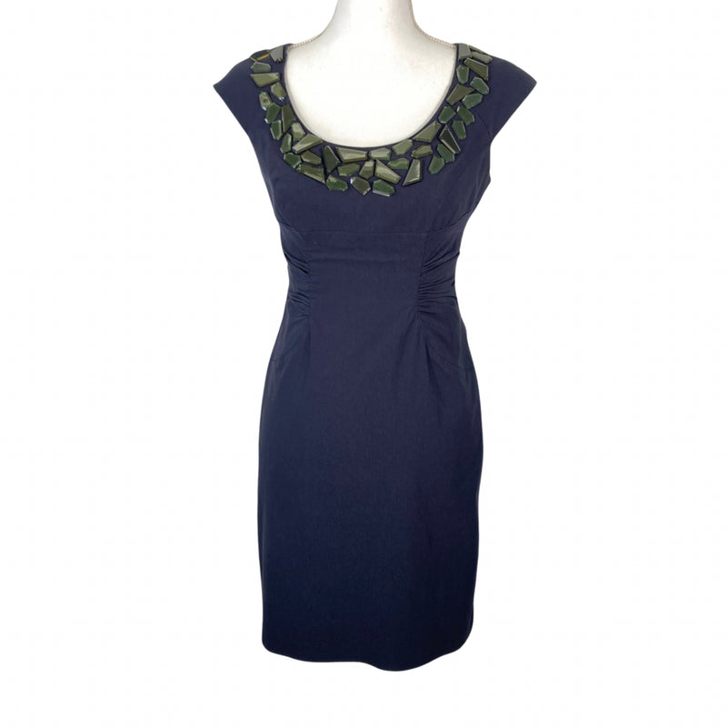 Load image into Gallery viewer, Adrianna Papell Navy Cocktail Dress with Green Stone Collar
