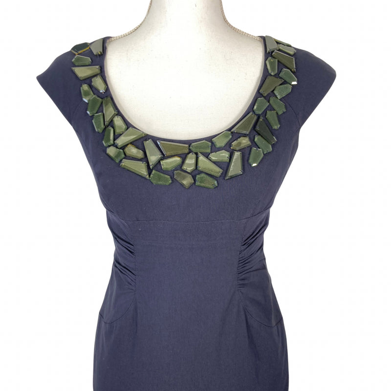 Load image into Gallery viewer, Adrianna Papell Navy Cocktail Dress with Green Stone Collar
