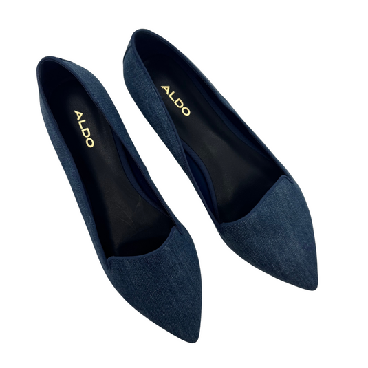 Aldo Blue Denim Flats feature a sleek and stylish denim fabric upper in a versatile deep blue color. The slip-on design offers both comfort and convenience, making them perfect for all-day wear.