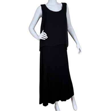 Alfani Long Black Sleeveless Layered Maxi Dress features a layered look with a flowy chiffon-like overlay on top and a full-length skirt beneath