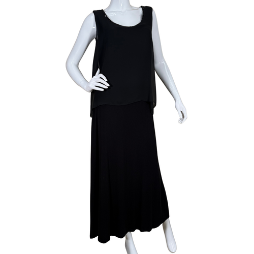 Alfani Long Black Sleeveless Layered Maxi Dress features a layered look with a flowy chiffon-like overlay on top and a full-length skirt beneath