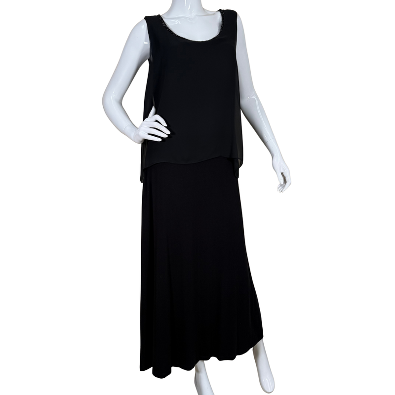 Load image into Gallery viewer, Alfani Long Black Sleeveless Layered Maxi Dress features a layered look with a flowy chiffon-like overlay on top and a full-length skirt beneath
