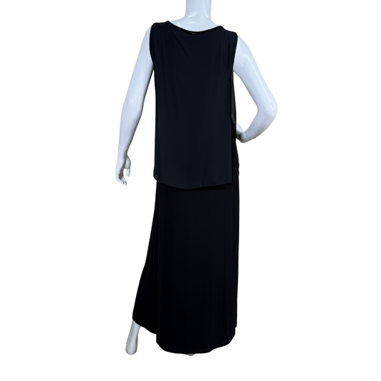Black sleeveless top and skirt set on a mannequin against a white background