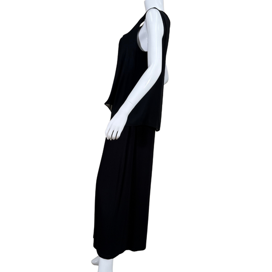 Alfani Long Black Sleeveless Layered Maxi Dress features a layered look with a flowy chiffon-like overlay on top and a full-length skirt beneath