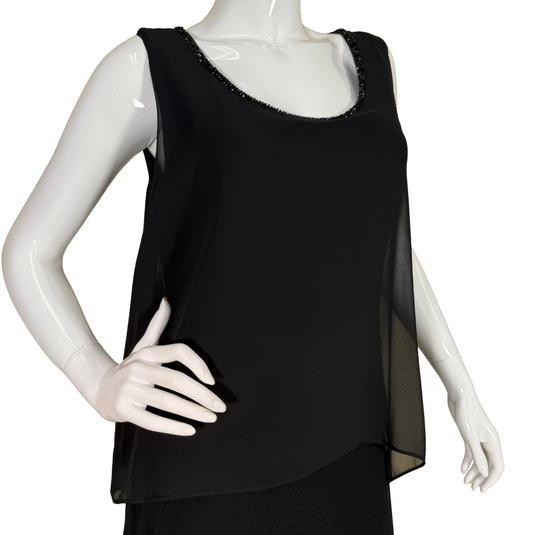Alfani Long Black Sleeveless Layered Maxi Dress features a layered look with a flowy chiffon-like overlay on top and a full-length skirt beneath