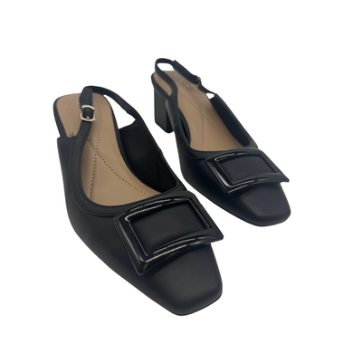 elegant Alfani Step n Flex Black Pumps feature a sophisticated square-toe design with a bold, glossy buckle detail on the front for a chic, modern touch