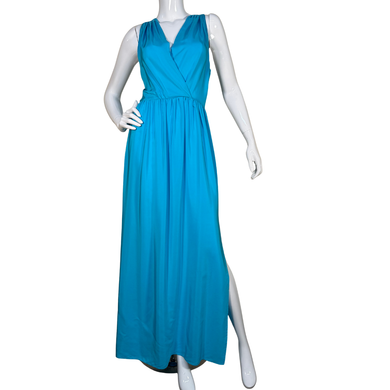 Amanda Uprichard Teal Blue Floor-Length Silk Dress designed with a flattering wrap-style bodice and a gathered waistline that creates a flowy, feminine silhouette