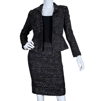 pre-loved Ann Taylor Dark Skirt Suit Set with Purple and Metallic Tweed blends modern flair with classic structure