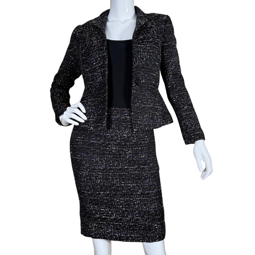pre-loved Ann Taylor Dark Skirt Suit Set with Purple and Metallic Tweed blends modern flair with classic structure