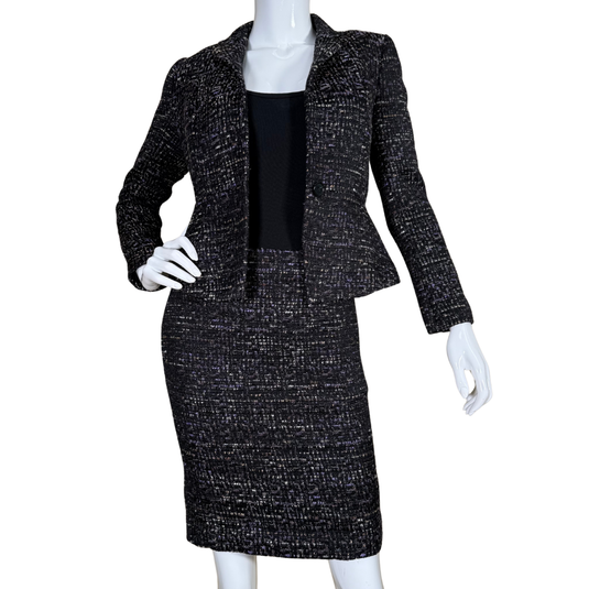 pre-loved Ann Taylor Dark Skirt Suit Set with Purple and Metallic Tweed blends modern flair with classic structure