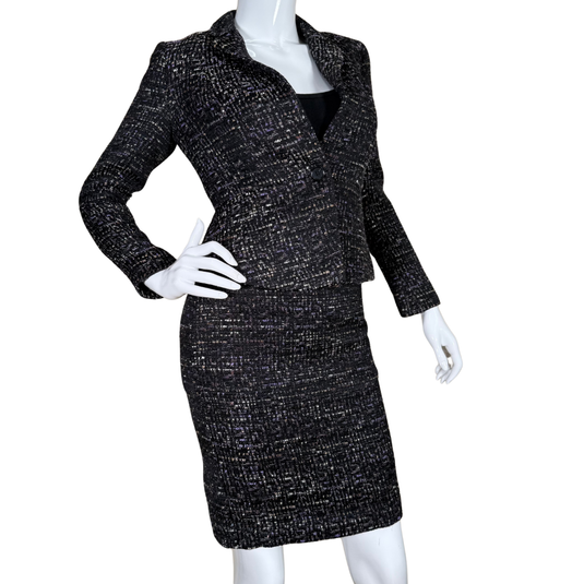 pre-loved Ann Taylor Dark Skirt Suit Set with Purple and Metallic Tweed blends modern flair with classic structure