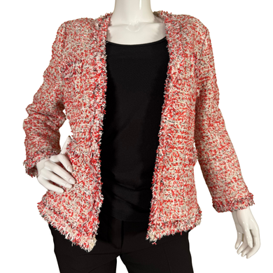 donated chic, open-front bouclé tweed Ann Taylor Threaded Blazer Jacket with Red Tones in a rich mix of red, white, and hints of pink