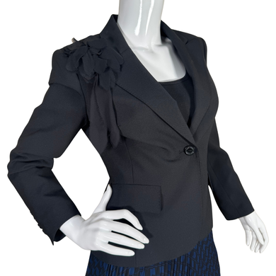 Anne Klein Black Blazer With Decorative Flower Element, designed with a unique gathered floral-like detail on one shoulder for a modern twist on a classic silhouette