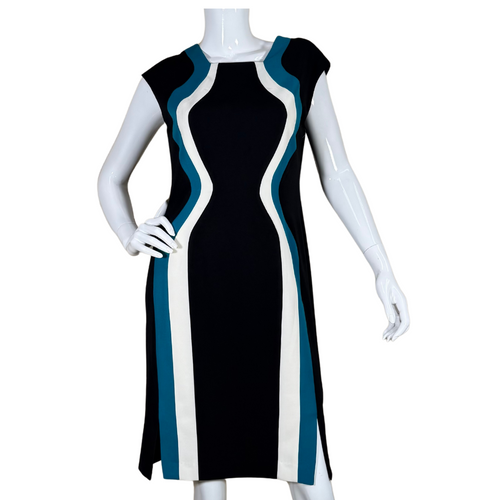 donated sleeveless Anne Klein Colorblock Seath Retro Dress features a bold and flattering colorblock design in black, white, and tea