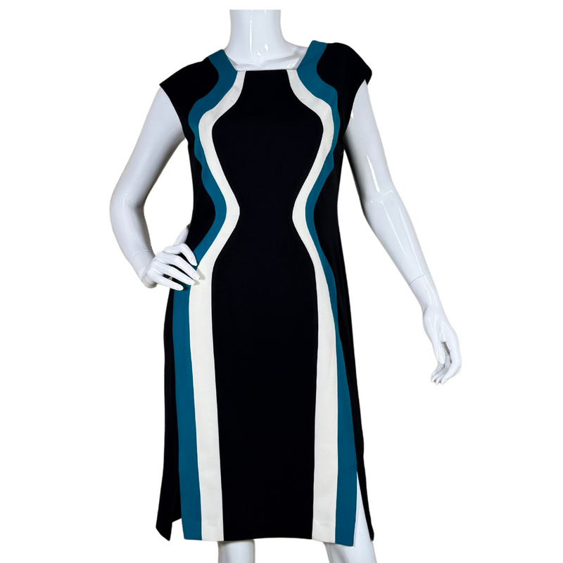 Load image into Gallery viewer, donated sleeveless Anne Klein Colorblock Seath Retro Dress features a bold and flattering colorblock design in black, white, and tea
